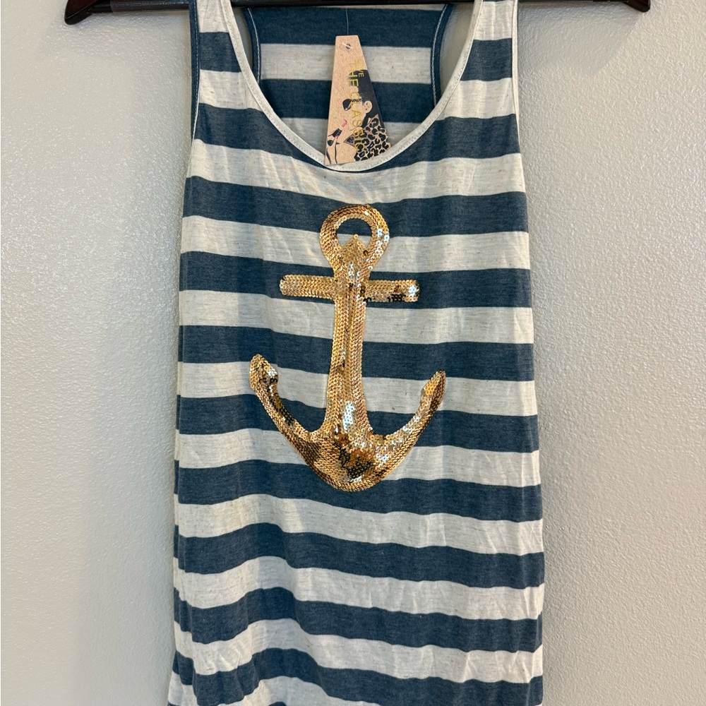 The Classic Blue and White Striped Tank Top with Gold Anchor - unworn